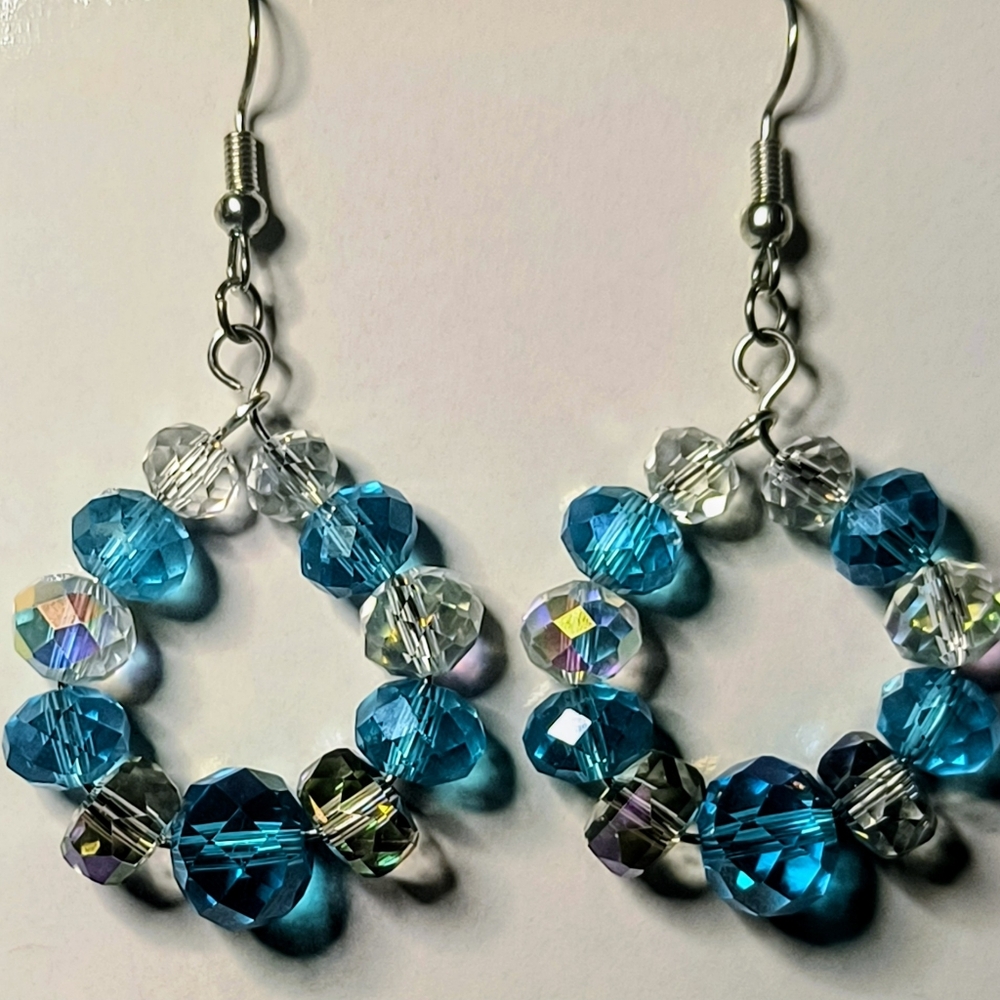 Beautiful & Genuine Faceted Blue Calcite & Quartz Crystal Hoop Earrings